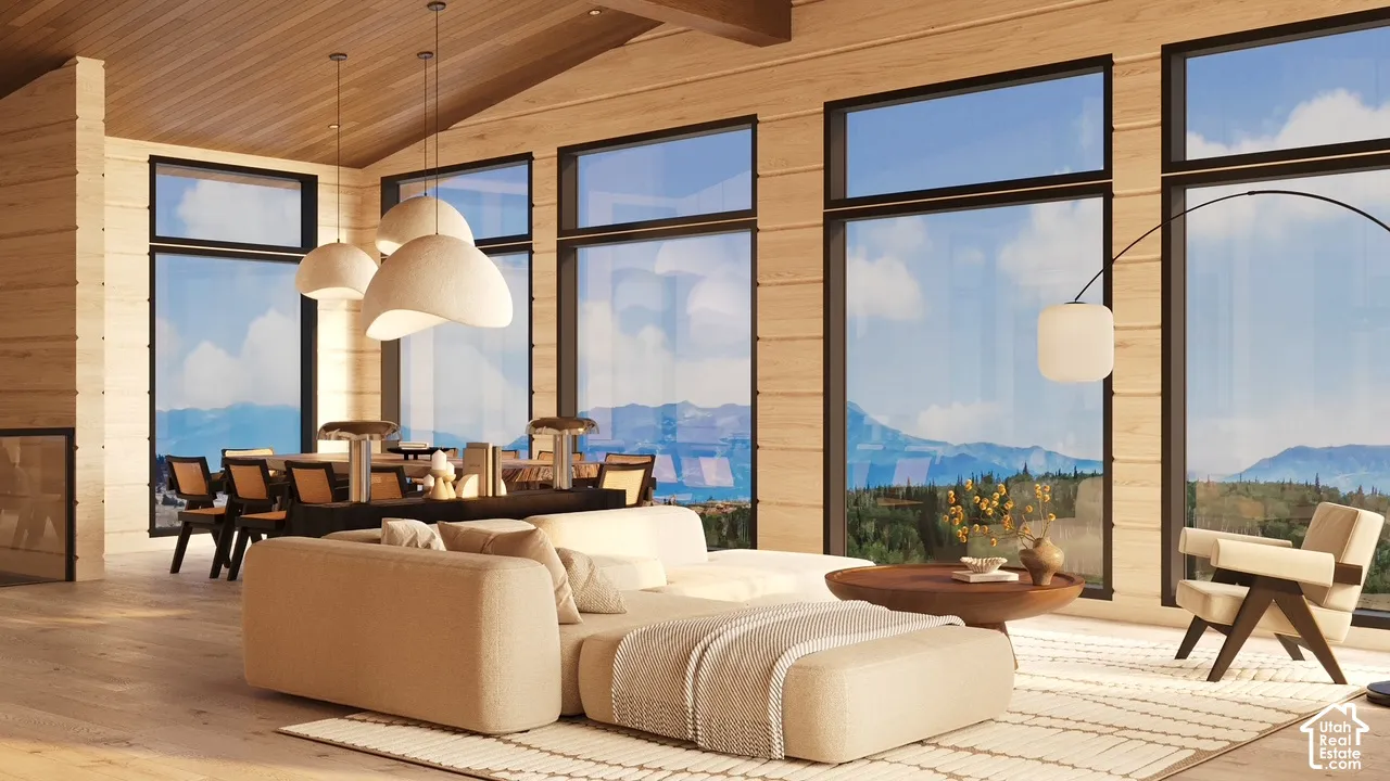 Renderings of Vaulted wood-paneled ceilings, expansive floor-to-ceiling windows, light wood-finish flooring, and built-in lighting fixtures