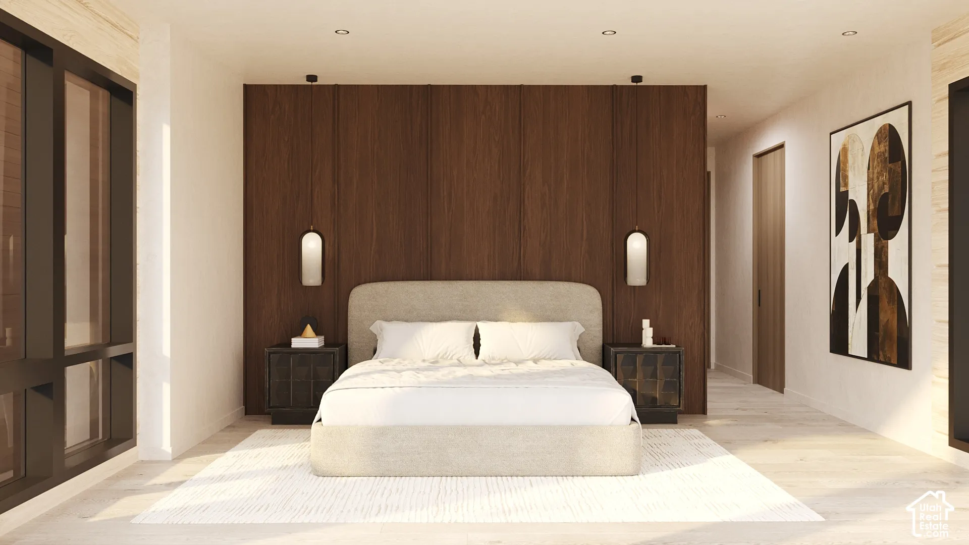 Expansive wood-paneled feature wall with integrated lighting
