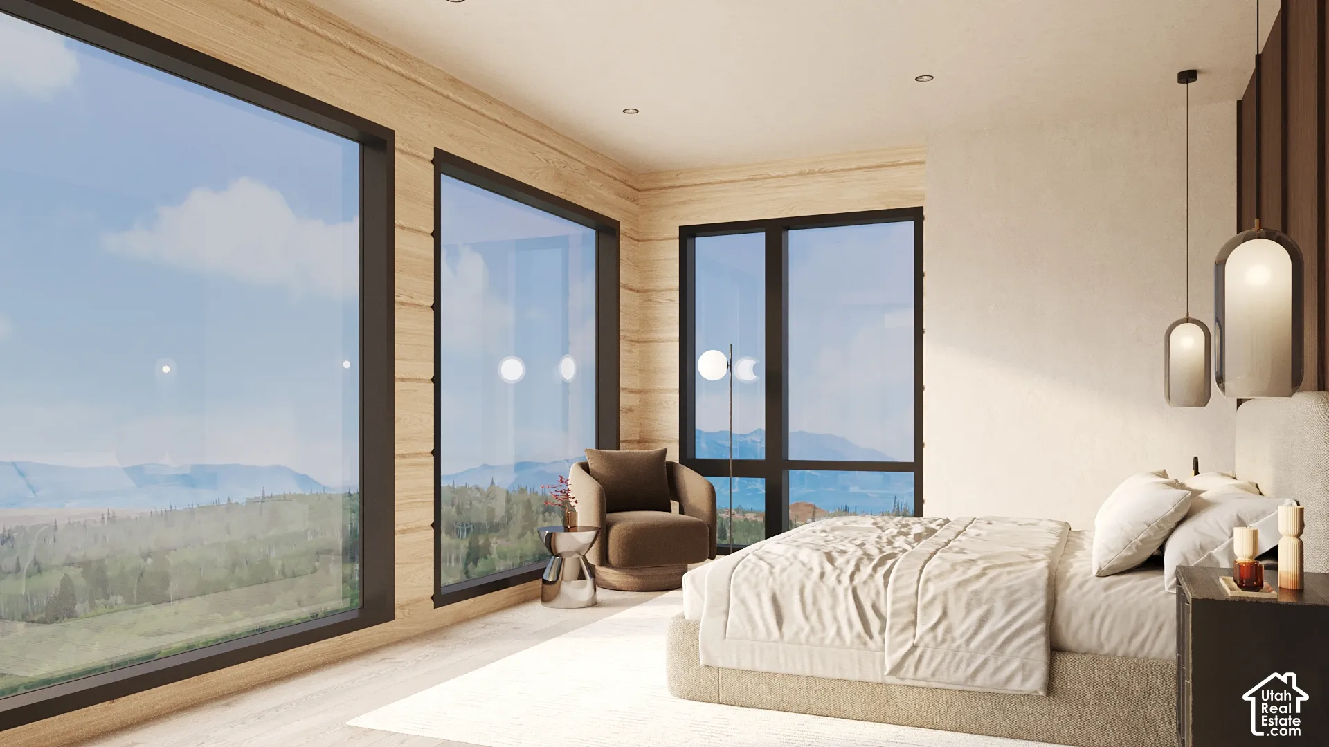 Expansive window walls, wood-finish wall paneling, recessed ceiling lights, built-in pendant lighting, and a textured accent wall