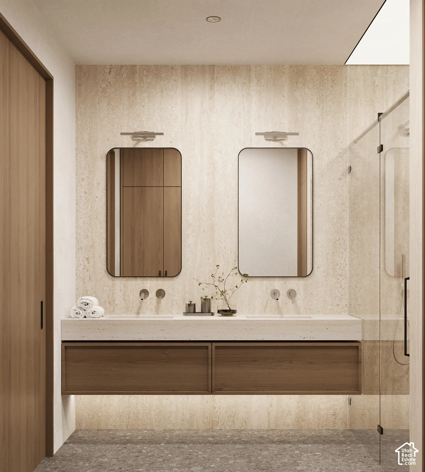 Floating wood-finish double vanity with integrated sinks and wall-mounted faucets