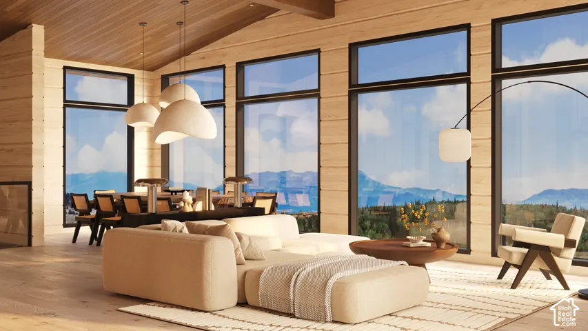 Renderings of Vaulted wood-paneled ceilings, expansive floor-to-ceiling windows, light wood-finish flooring, and built-in lighting fixtures