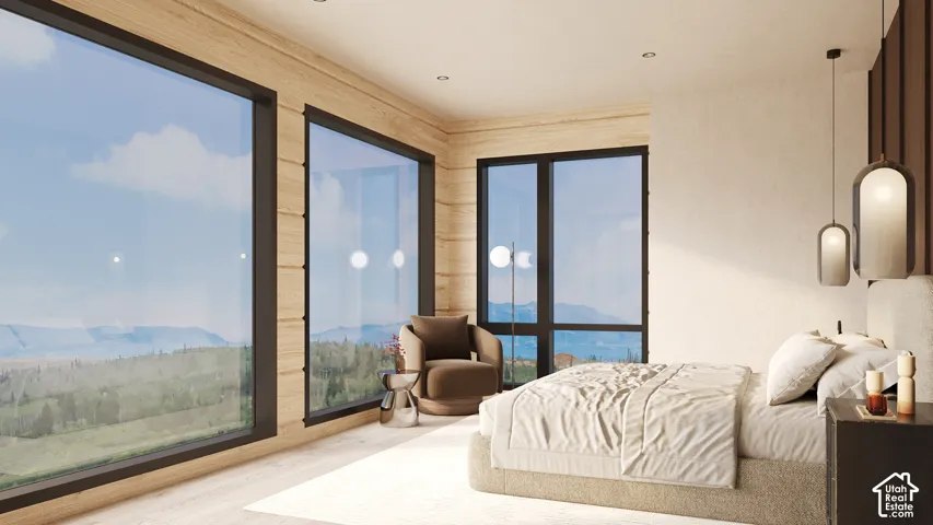 Expansive window walls, wood-finish wall paneling, recessed ceiling lights, built-in pendant lighting, and a textured accent wall