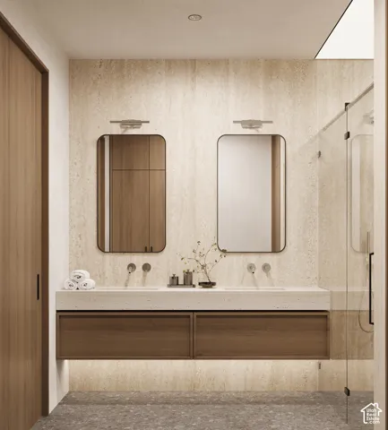 Floating wood-finish double vanity with integrated sinks and wall-mounted faucets