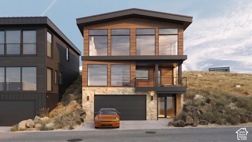 Renderings of Contemporary exterior featuring wood-finish siding, stone accents, and a sloped roofline