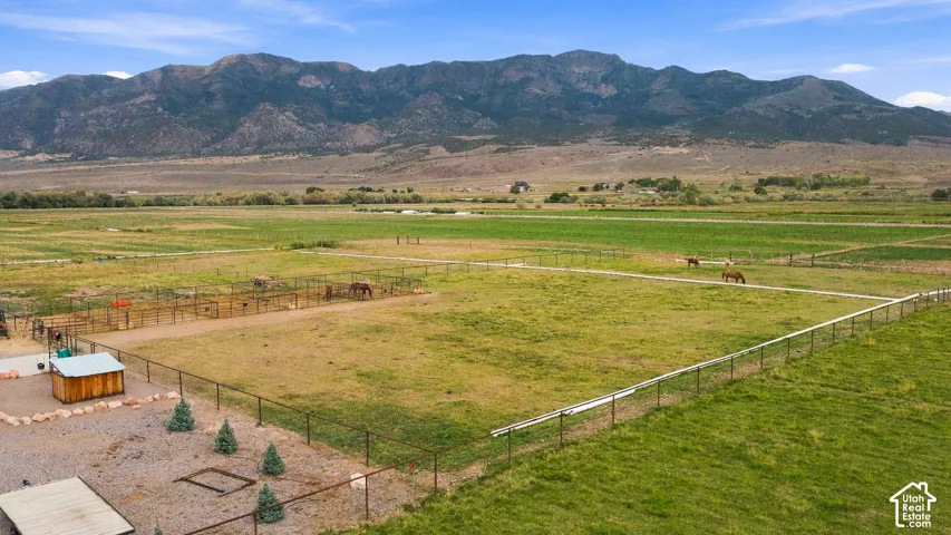 Expansive pastures with fencing, includes a wood-sided outbuilding with a metal roof