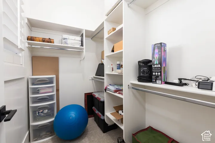 Walk-in closet with built-in shelving, hanging rods, and shuttered window