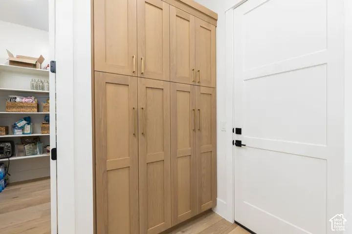 Built-in wood-finish cabinetry with gold-tone hardware, wood-finish flooring, and a white panel door with matte black hardware