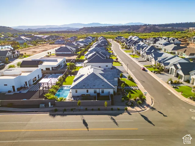 Residential street with paved road and landscaped median