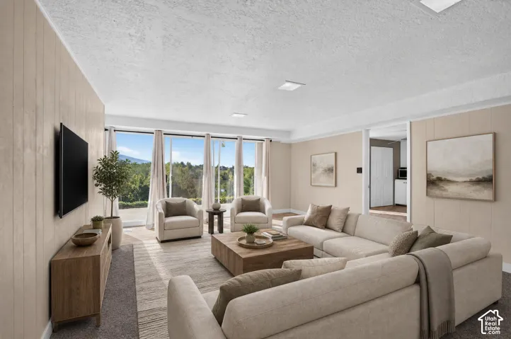 Basement family room AI staged