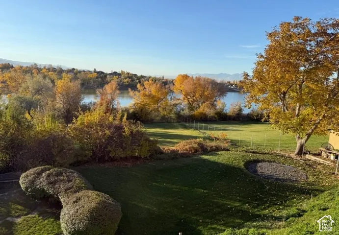 Expansive green lawn with mature trees and a body of water in the background