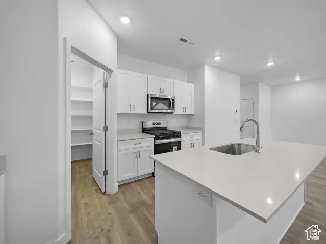 Kitchen featuring a center island with undermount sink, stainless steel appliances, white cabinetry, and wood-finish flooring