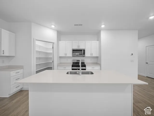 Kitchen featuring a large island with an undermount sink, white cabinetry with brushed nickel hardware, light-toned countertops, stainless steel appliances, and wood-finish flooring