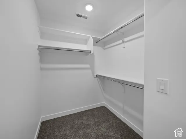 White built-in shelving, chrome hanging rods, recessed ceiling lighting, and carpeted flooring