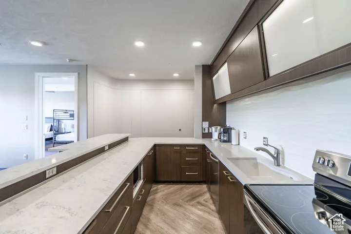 U-shaped countertop with integrated sink, wood-finish flooring, recessed lighting, and dark wood-finish cabinetry