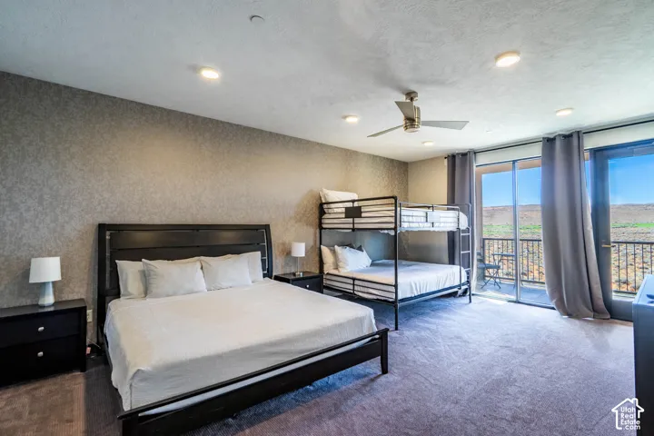 Recessed lighting, ceiling fan, and carpeted flooring