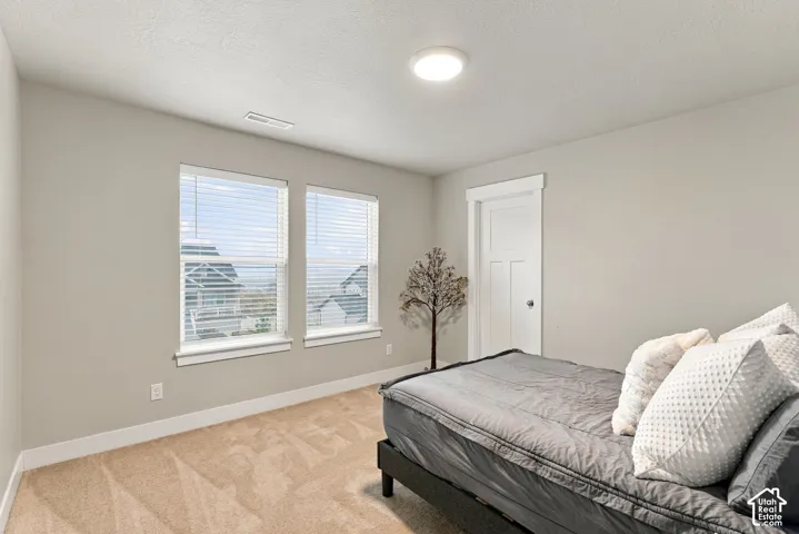Recessed ceiling light, neutral wall color, two windows with blinds, white trim, and carpeted flooring