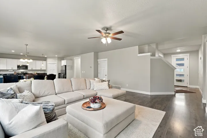 Open-concept living area with laminate flooring, a ceiling fan, and a contemporary entry door with frosted glass panels