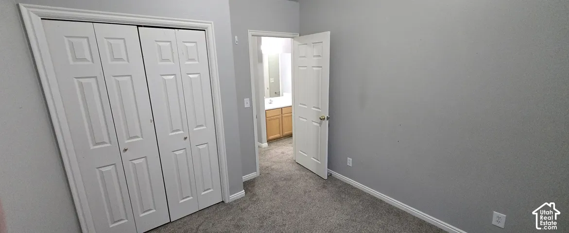Built-in bi-fold closet doors, neutral gray wall paint, and gray carpeted flooring