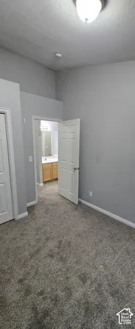 Plush grey carpeting, light grey wall paint, and a semi-flush mount ceiling light