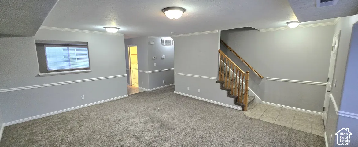 Spacious room with plush carpeting, neutral wall colors, white trim, and a window