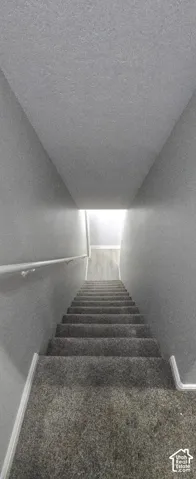 Carpeted staircase with white trim, a handrail, and a light-toned wood-finish flooring landing