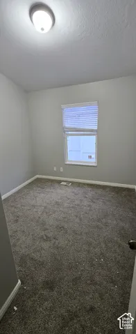 Carpeted room with a ceiling-mounted light fixture and a single window featuring horizontal blinds