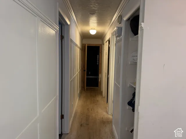 Hallway featuring wood-finish flooring, paneled wall detailing, crown molding, and a flush mount ceiling light