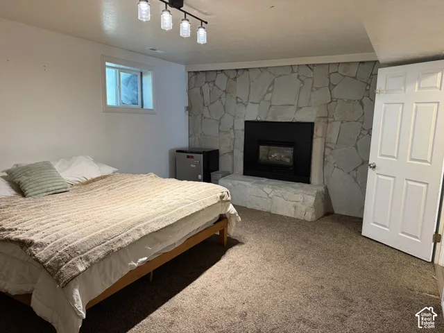 Stone-faced fireplace with a black insert, track lighting, and a white six-panel door