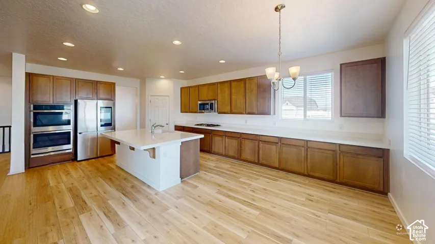 Kitchen with wood-finish flooring, white countertops, a central island, and stainless steel appliances