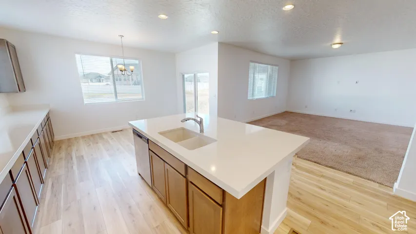 Kitchen island with a double basin sink and stainless steel faucet, wood-finish flooring, recessed lighting, and built-in cabinetry