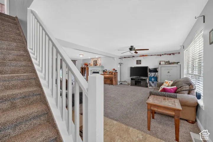 Staircase with carpeted treads and white wood-finish balusters, leading to an expansive living area featuring carpeted flooring, a ceiling fan, and window blinds
