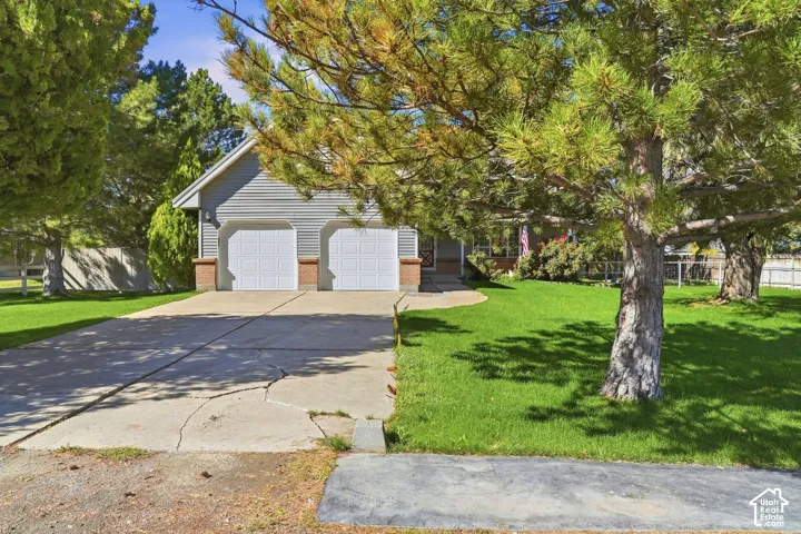 Attached two-car garage with panel doors, gray siding exterior, concrete driveway, and front lawn with mature trees
