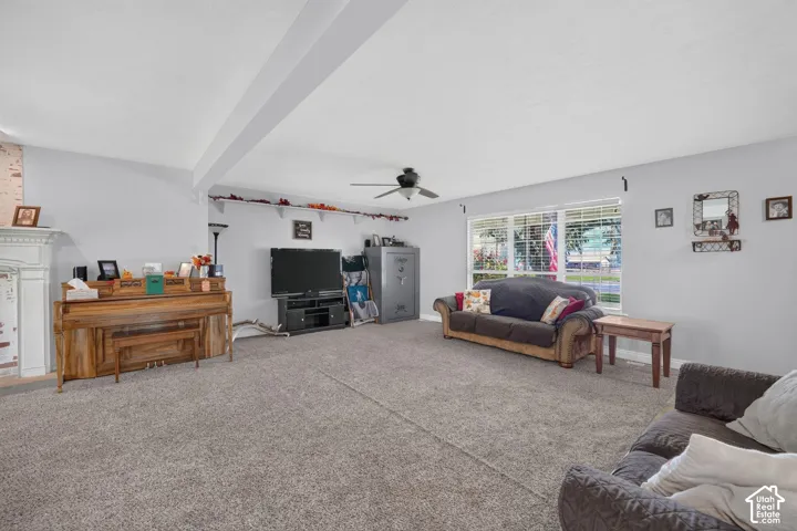 Light gray wall paint, white ceiling, ceiling fan, and carpeted flooring