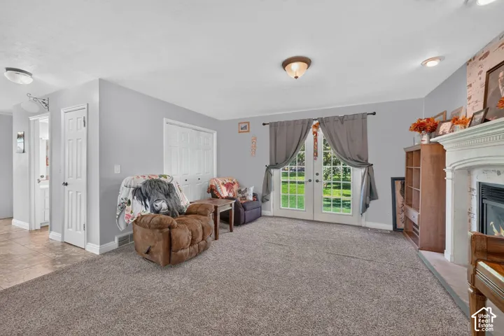 Carpeted living area with light gray walls