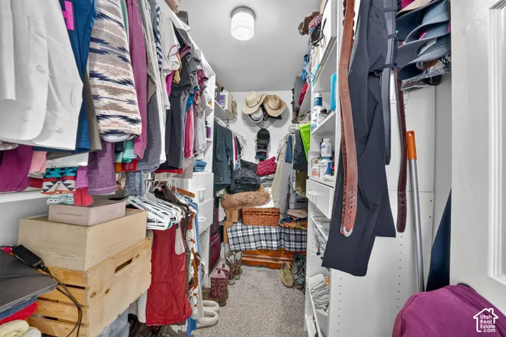 Walk-in closet featuring extensive built-in shelving, hanging rods, and integrated drawers