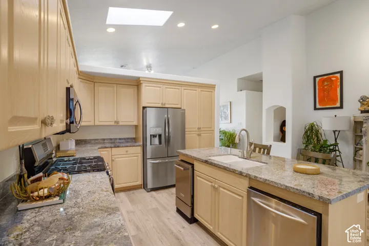 Kitchen featuring light wood cabinetry, stainless steel appliances, granite countertops, a built-in kitchen island, and a skylight