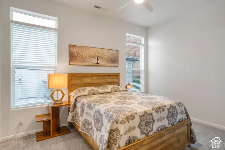 Neutral wall color, light wood-finish bed frame, tall windows with blinds, ceiling fan, and carpeted flooring