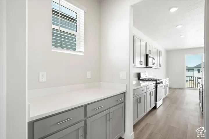 **DICSLAIMER** Interior package may vary.  Modern kitchen featuring white countertops, light gray cabinetry, stainless steel appliances, and wood-finish flooring