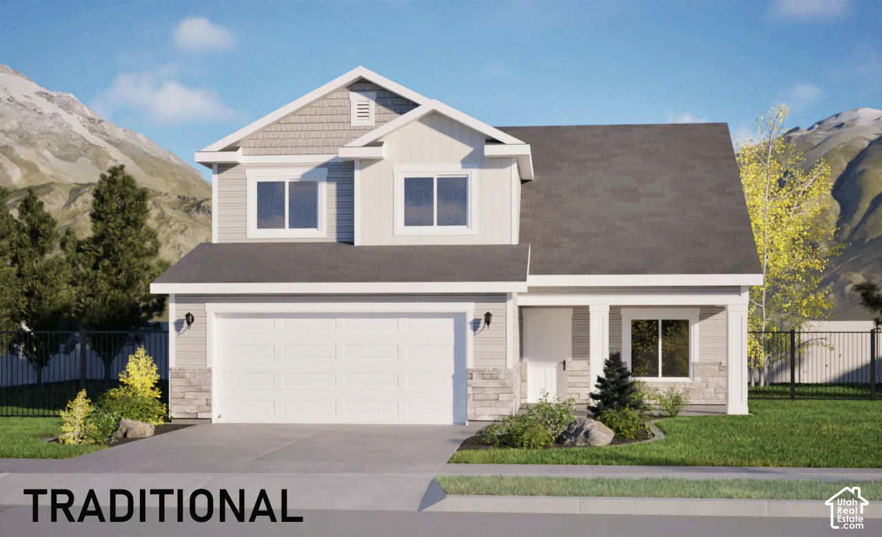 Traditional two-story home featuring a clean-lined facade with board-and-batten siding, gabled roofline with dimensional shingles, and a two-car garage with paneled doors