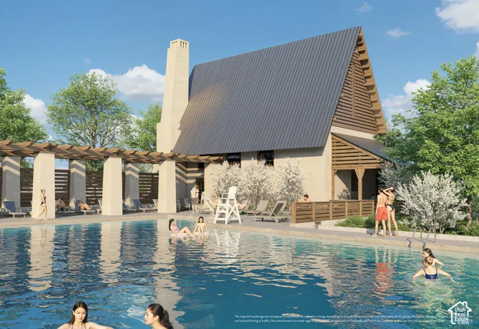 Swimming pool with stone-finish decking, attached wooden pergola, exterior masonry chimney, and metal roof