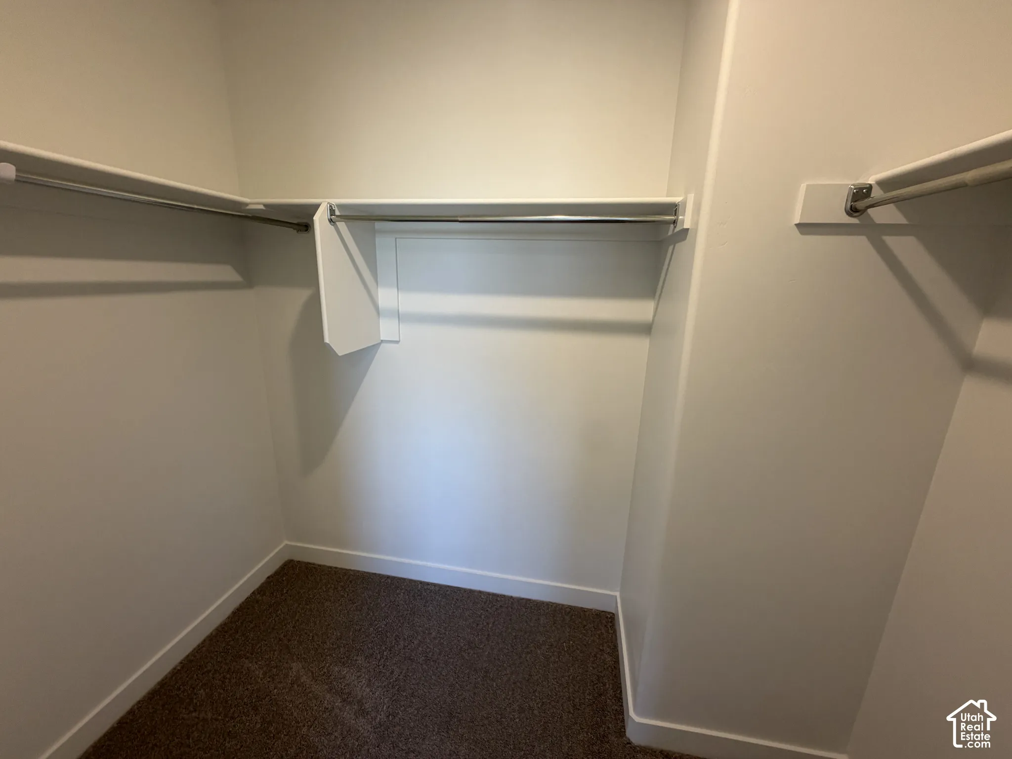 Integrated shelving system with multiple hanging rods and wall-to-wall carpeting