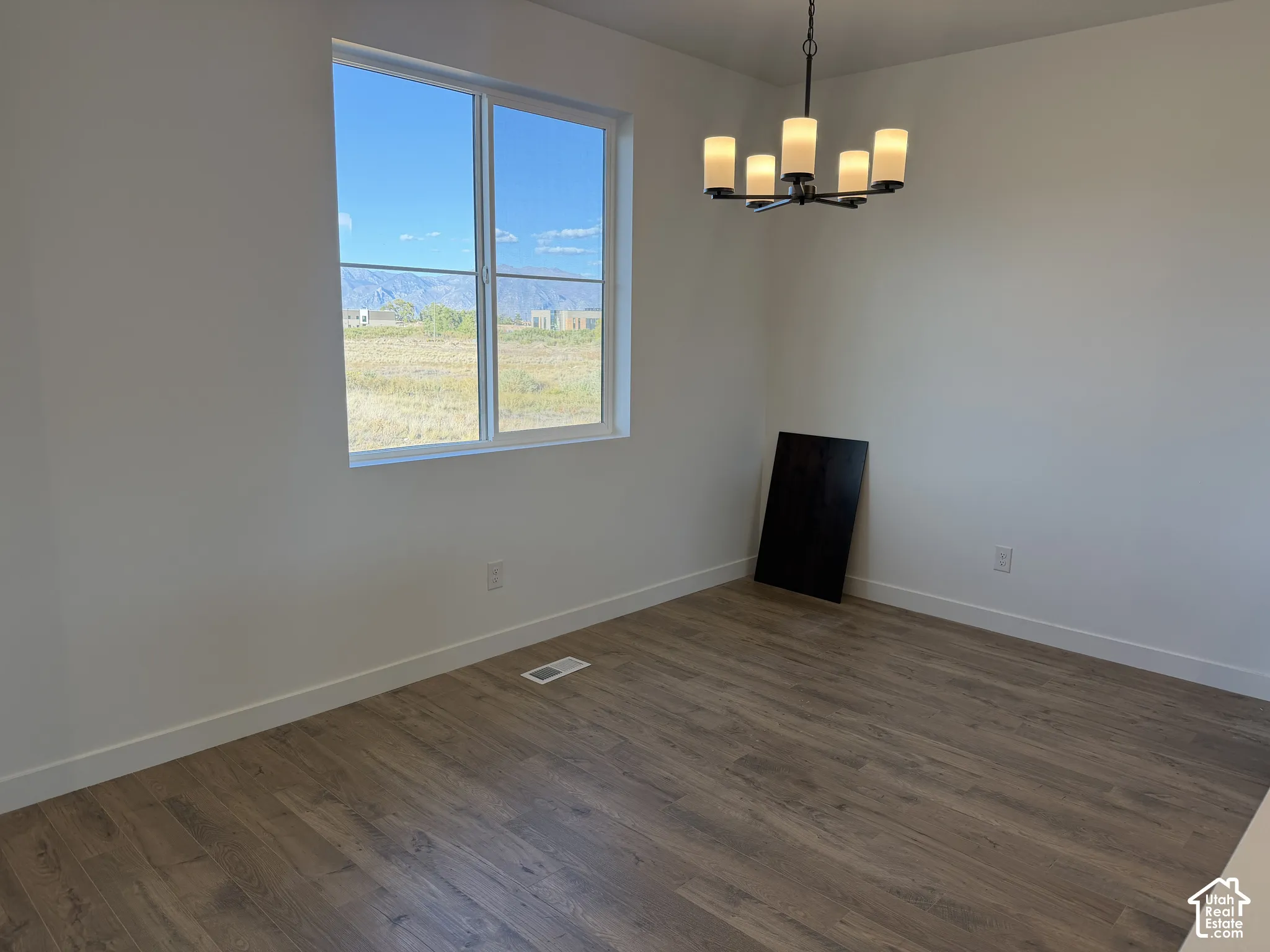 Spacious room featuring wood-finish flooring, a large window, and a contemporary ceiling light fixture
