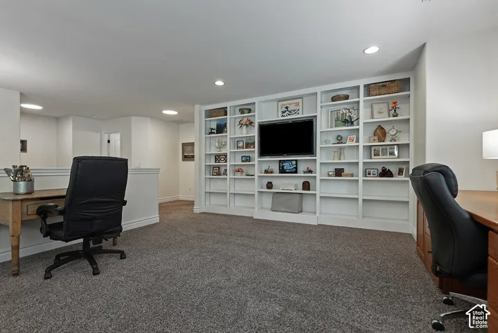 Built-in shelving with integrated media display, recessed lighting, and soft carpet flooring