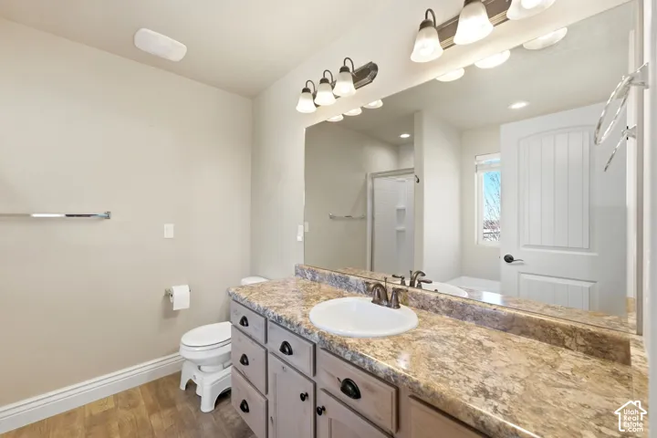 Wood-finish flooring with a multi-light vanity fixture, built-in vanity cabinetry, an integrated sink, and a large wall mirror