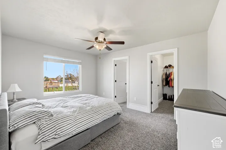 Spacious room featuring a ceiling fan, carpet flooring, a large window, and two doorways, one leading to a closet with built-in shelving