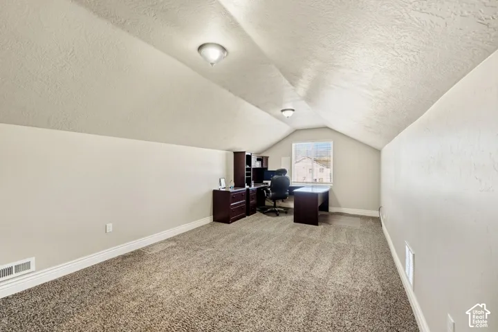 Carpeted loft space featuring sloped ceilings, two flush-mount light fixtures, and a window with blinds