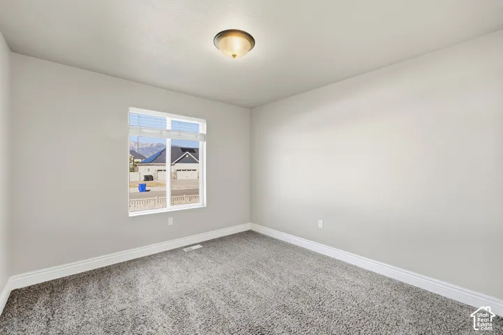 Neutral wall color, carpeted flooring, white trim, window with mountain scenery, and a ceiling-mounted light fixture