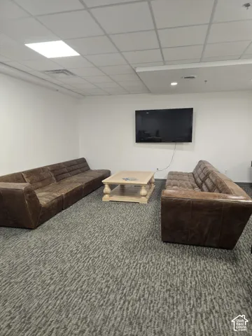 Recessed ceiling lighting, drop ceiling, wall-mounted television, and patterned carpet