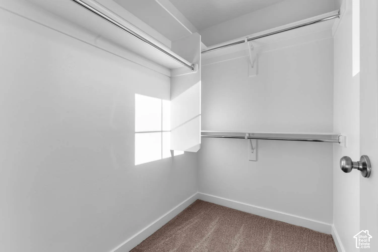 Closet with carpet flooring, white walls, and built-in shelving with hanging rods