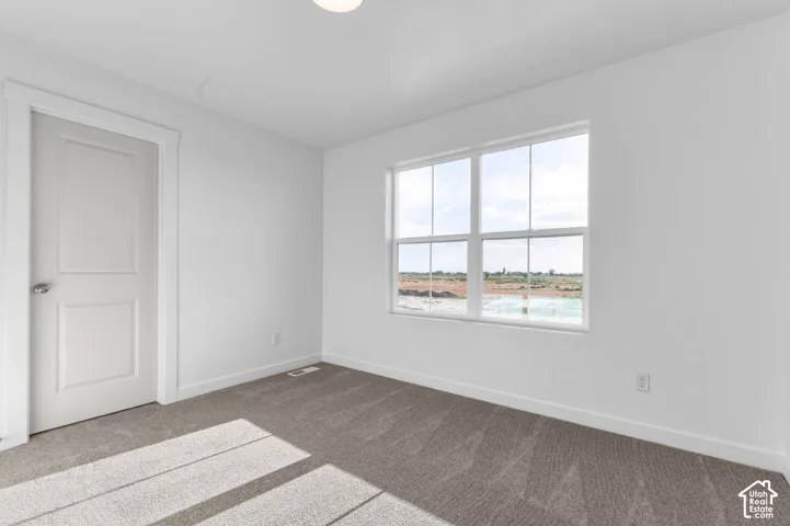 Neutral color palette, window with multiple panes, white trim, textured carpeting, overhead lighting fixture